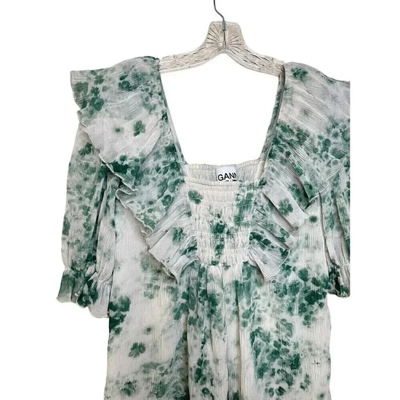 GANNI floral-print plissé-georgette minidress Size Small 4/6 Green And Cream - Picture 6 of 10